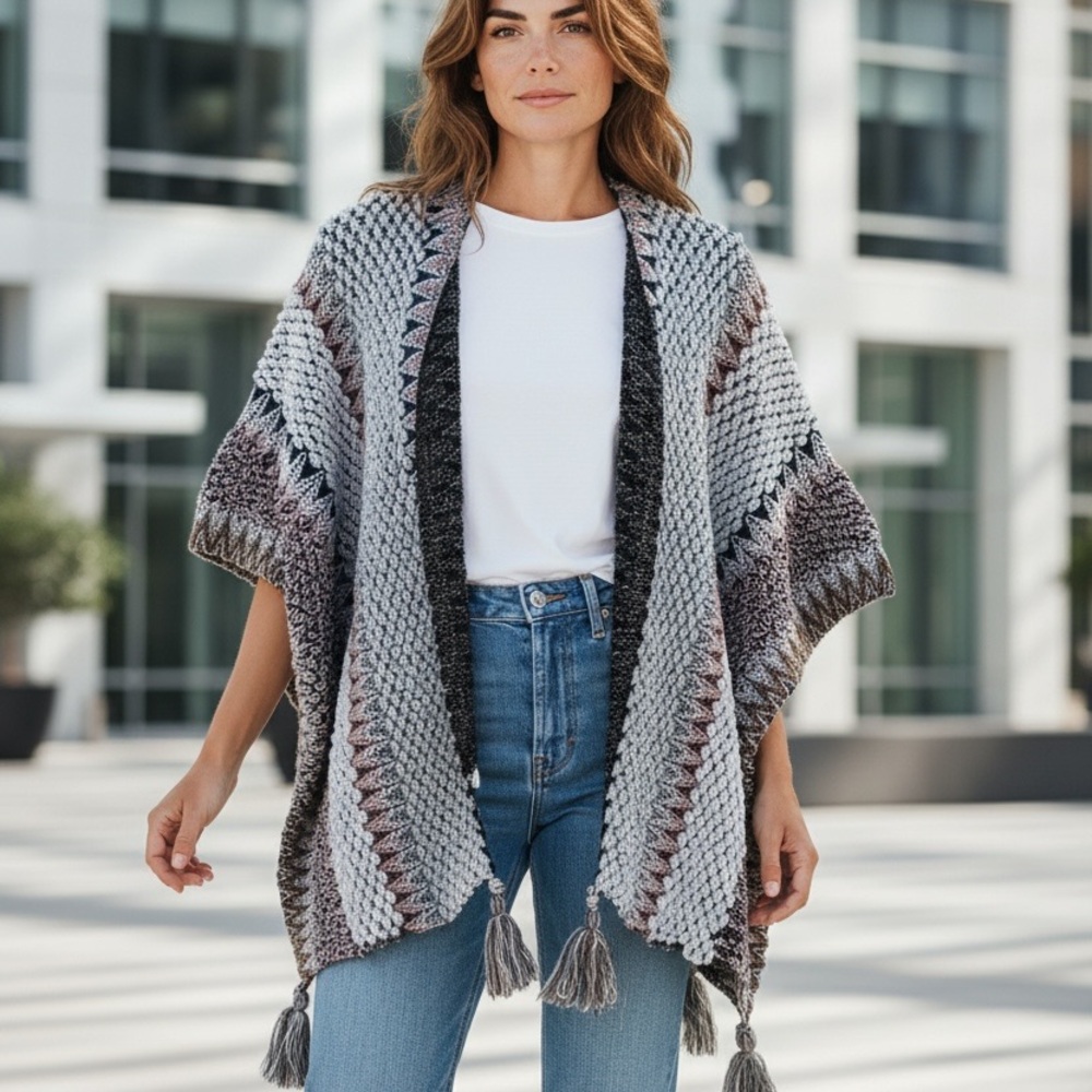 BIJORCA NWT Open Cardigan Poncho Hobo Style Sweater with Tassels 1 Size Fits All